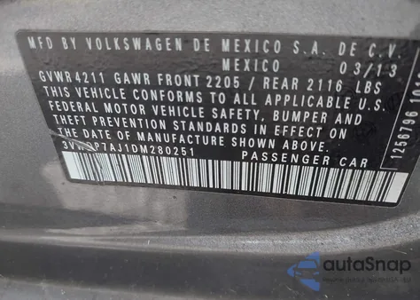 2013 Volkswagen Jetta 2.5L Se из США, поврежденный, VIN 3VWDP7AJ1DM280251